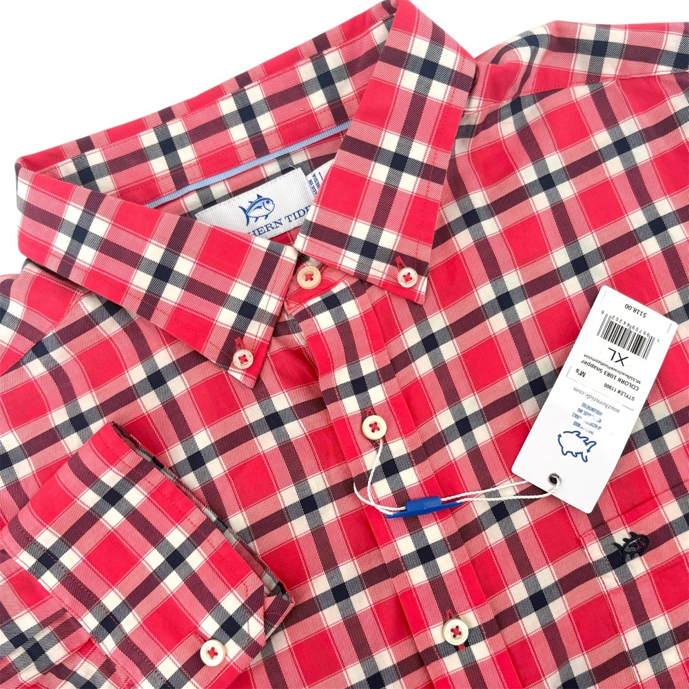 Southern Tide Mens Beachrock Plaid Sport Shirt Pink Red XL 11900 NEW